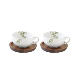 Ensemble de 2 tasses en porcelaine de 120 ml avec soucoupes en acacia NATURA