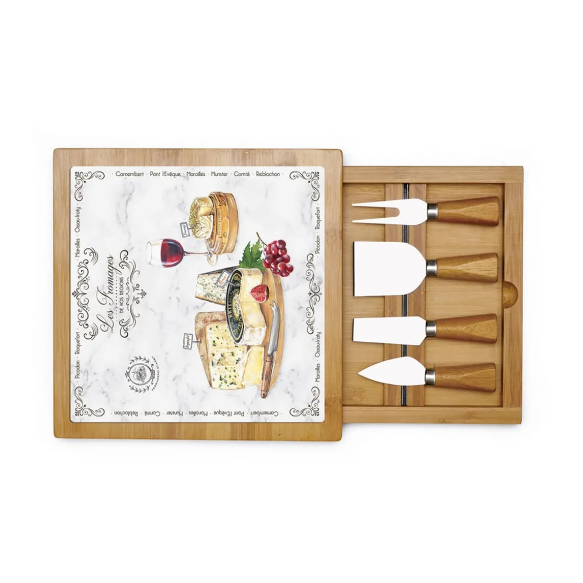 Planche à fromage en bambou avec plateau en verre et couteaux LES FROMAGES