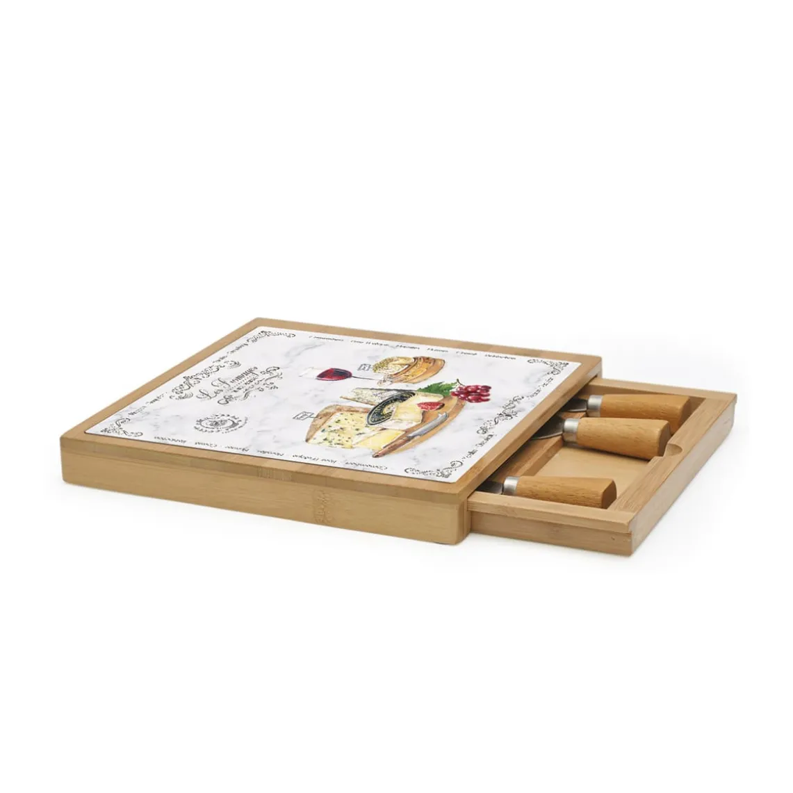 Planche à fromage en bambou avec plateau en verre et couteaux LES FROMAGES