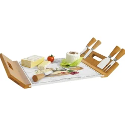 Plateau à fromage 44×28 en bambou avec base en verre et 4 couteaux LES FROMAGES