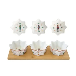 Set apéritif avec 3 bols en porcelaine et support en bambou NUTCRACKER